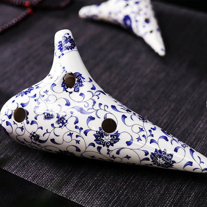 12-Hole Alto C Ceramic Ocarina - Blue & White Porcelain Style (SF/SG/SC/AC Tuning, 18x10x5cm) with Music Sheet, Neck Strap & Carry Bag