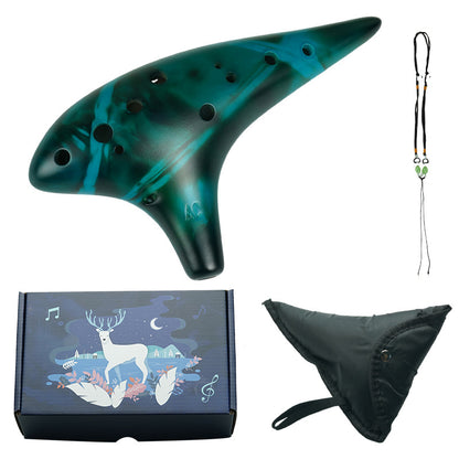 12-Hole Alto C Ceramic Ocarina - Smoked Finish with Music Sheet, Neck Strap & Carry Bag (AC Tuned)