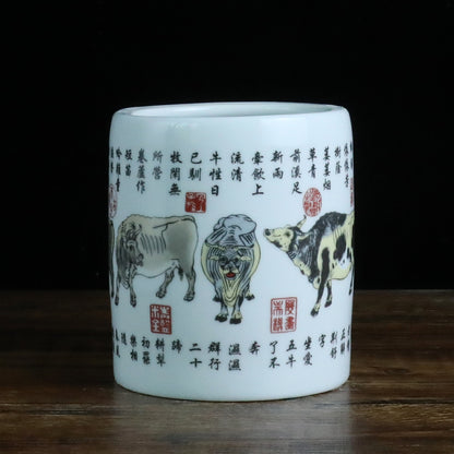 Jingdezhen Ceramic Brush Holder - 13 Classic Chinese Designs for Desk Organization (12cm Height, 10cm Diameter)