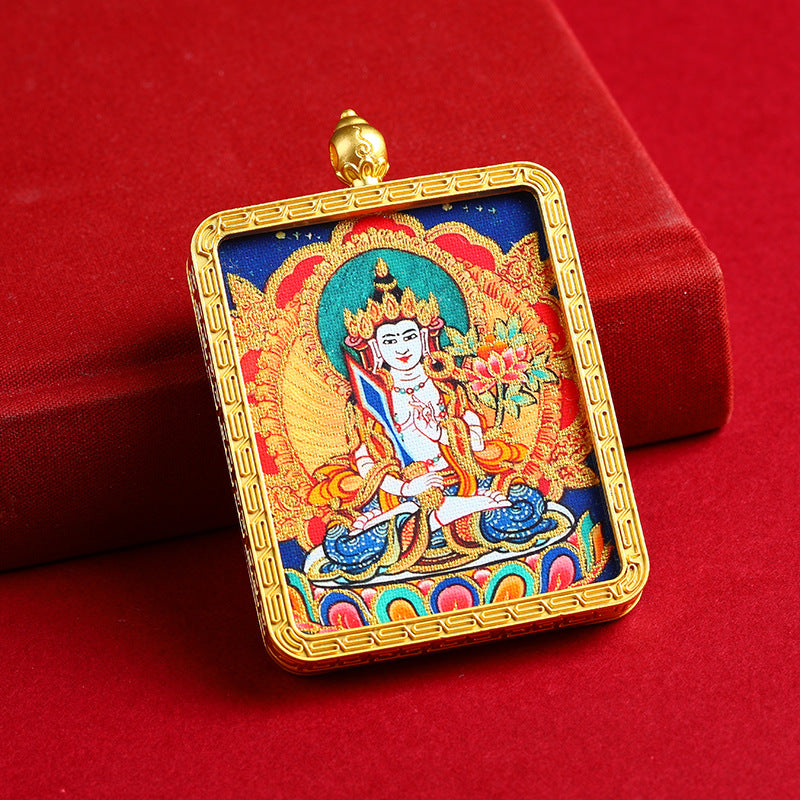 Portable Buddhist Thangka Pendant - Double-Sided Dragon Deity Amulet with Gold Accents - Eight Protector Deities Amulet Box