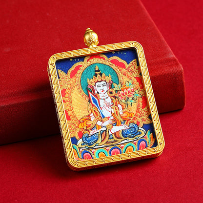 Portable Buddhist Thangka Pendant - Double-Sided Dragon Deity Amulet with Gold Accents - Eight Protector Deities Amulet Box