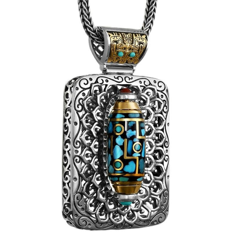 Retro Turquoise Pendant with Rotating Dzi Bead – "Ten Thousand Buddhas" Spiritual Necklace