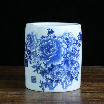 Jingdezhen Ceramic Brush Holder - 13 Classic Chinese Designs for Desk Organization (12cm Height, 10cm Diameter)