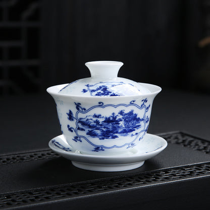 Blue and White Porcelain Gaiwan, Large High-White Glazed Tea Bowl, Japanese-Style Three-Component Set, 160ml
