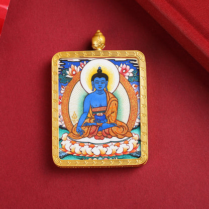 Tibetan Thangka Pendant Necklace – Green Tara & Medicine Buddha Hand-Painted Design