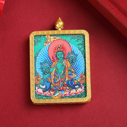 Tibetan Thangka Pendant Necklace – Green Tara & Medicine Buddha Hand-Painted Design