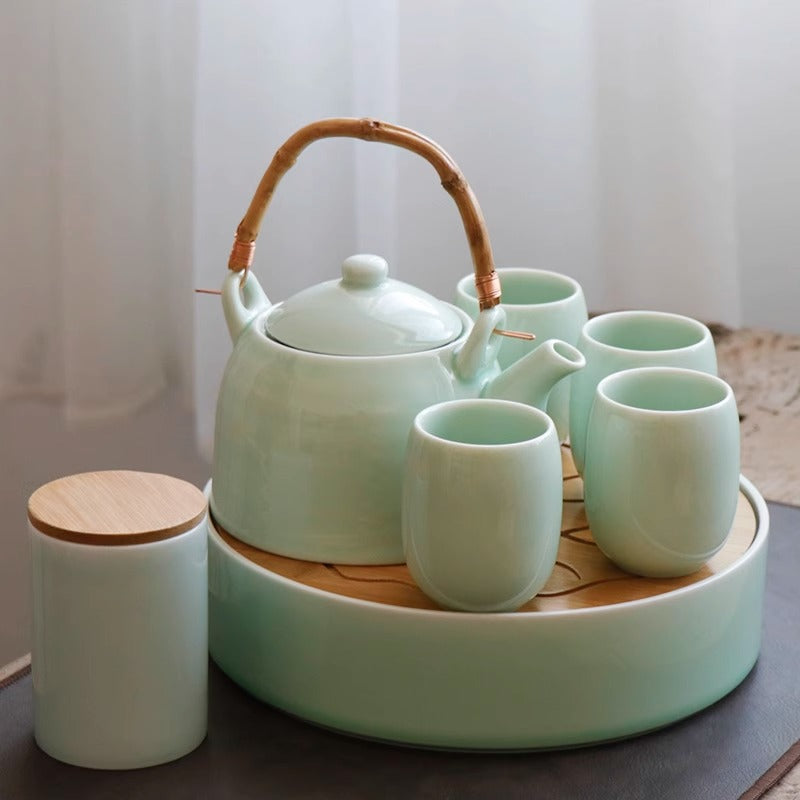 Celadon Tea Set with Bamboo Tray - Jingdezhen Ceramic (1000ml Pot, 6 Cups, Storage Jar, 2 Tea Boards)