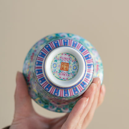 Chinese Enamel Floral Three-Lid Tea Bowl Set – Traditional Dragon Egg Teapot with Gold Trim