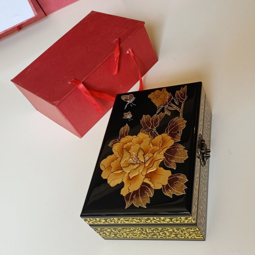 Chinese Red Lacquer & Gold Jewelry Case - Feng Shui Wooden Jewelry Organizer with Spacious Drawers, Elegant Gift Box for Women (Birthday/Anniversary/Wedding Present)