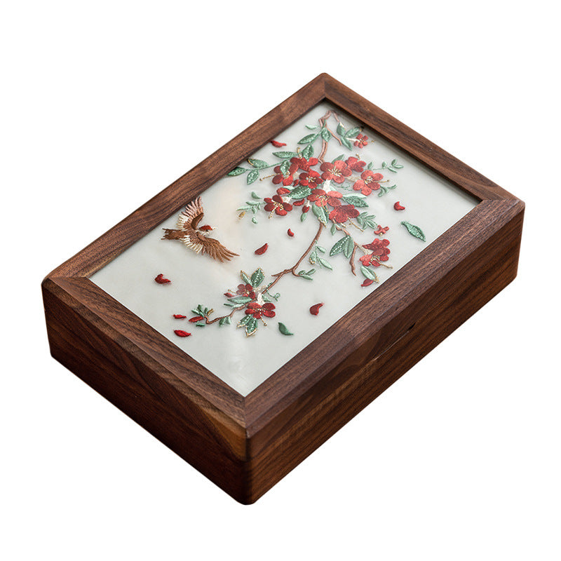 Walnut Wood Jewelry Box with Embroidered Lid - Chinese-Style Gift with Velvet Lining (23x16x6.5cm, 800g, 6 Symbolic Designs)