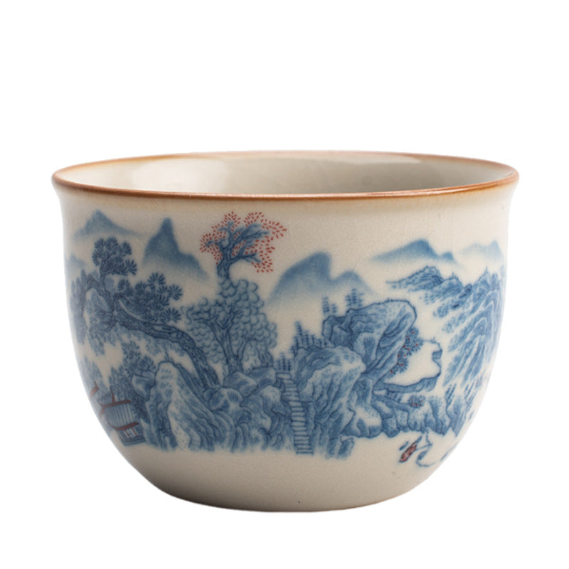 Ru Kiln Blue & White Tea Cup - Handcrafted Crackle Glaze Ceramic with Cobalt Design (Owner's Cup)