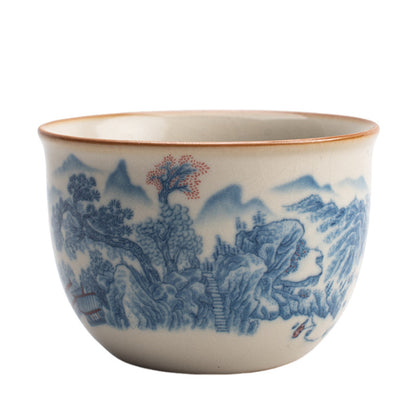 Ru Kiln Blue & White Tea Cup - Handcrafted Crackle Glaze Ceramic with Cobalt Design (Owner's Cup)