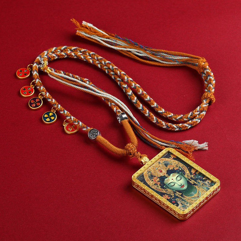 Gold-Finished Hand-Painted Green Tara Thangka Pendant Necklace