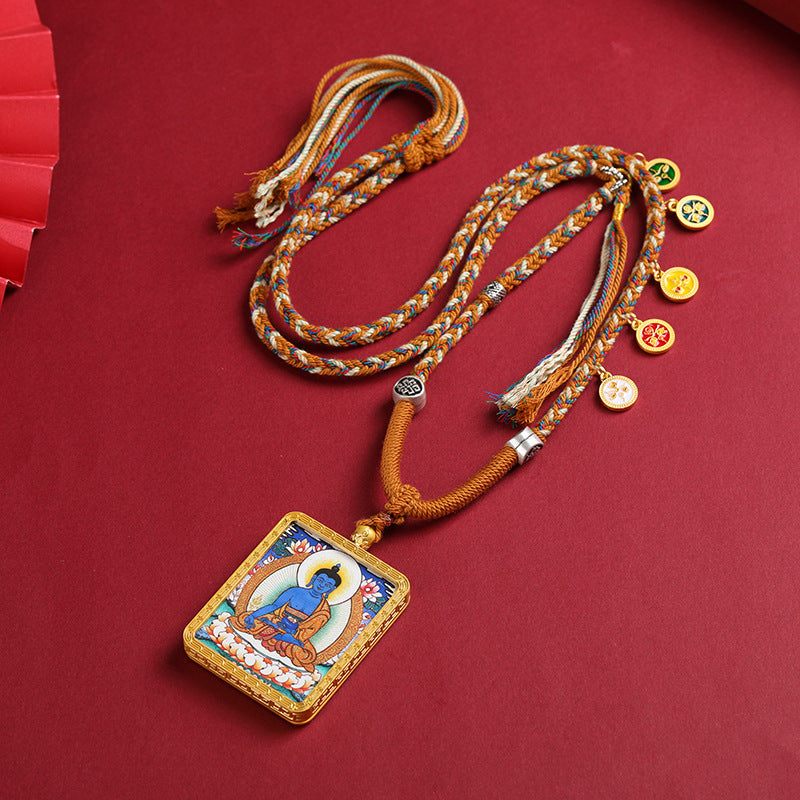 Tibetan Style Necklace with Thangka Pendant & Handwoven Cotton Cord