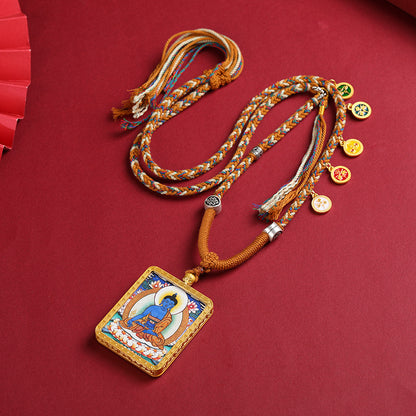 Tibetan Style Necklace with Thangka Pendant & Handwoven Cotton Cord