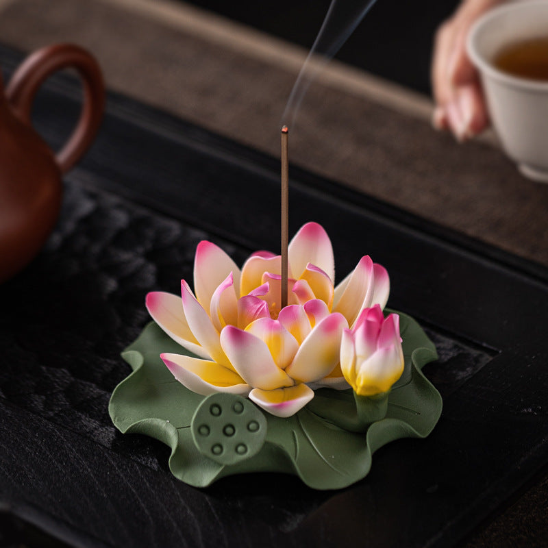 Handmade Ceramic Lotus Incense Holder - Zen Home Decor with Incense Slot, Tea Table & Altar Decoration