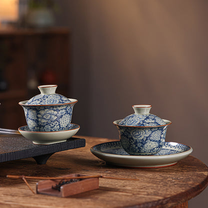 Ru Kiln Blue-and-White Gaiwan - 200ml Three-Element Tea Set (10.4cm Diameter, 9.7cm Height, Crackle Glaze)