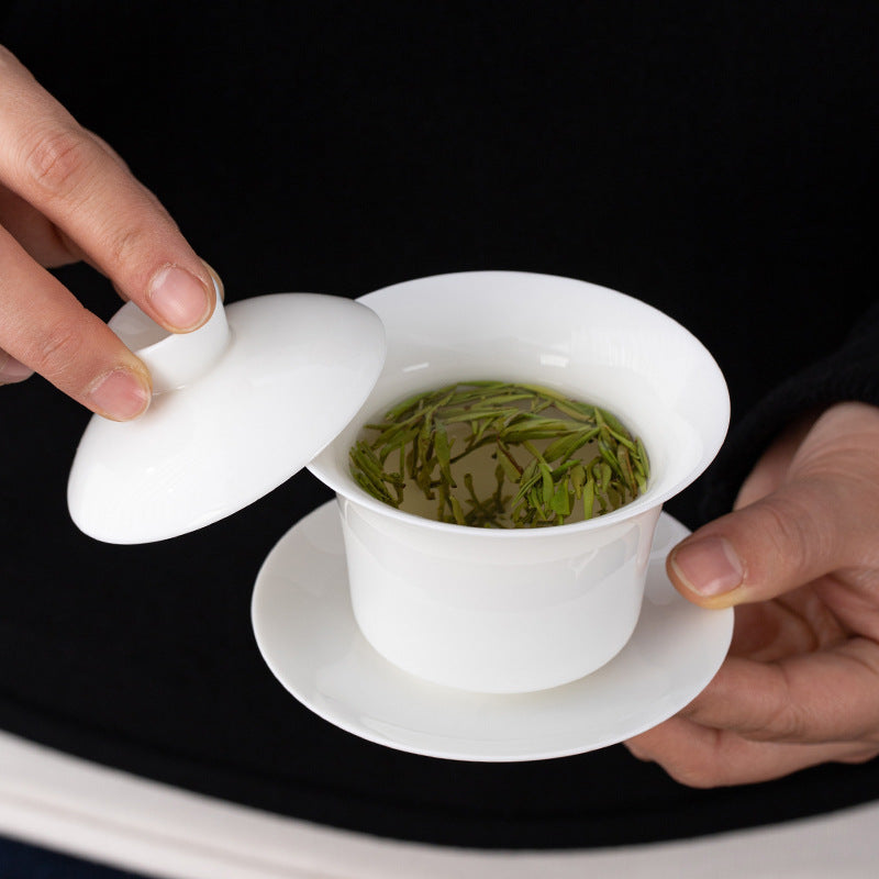 Dehua Blanc de Chine Three-Element Gaiwan - Mutton Fat Jade Porcelain Gongfu Tea Bowl with Lid & Saucer