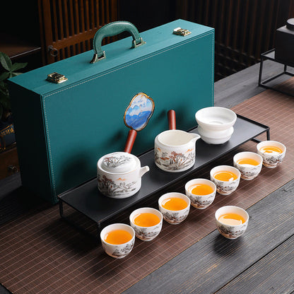 Hand-Painted Blanc de Chine Tea Set – Jade-Like Glazed Porcelain with Landscape Pattern, Side-Handle Teapot, Cups & Gift Box