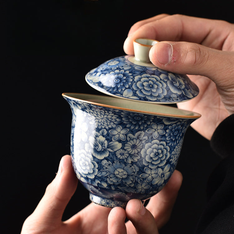 Antique Ru Kiln Blue & White Lidded Tea Bowl - Handcrafted Three-Piece Set (150ml, Two Sizes Available)