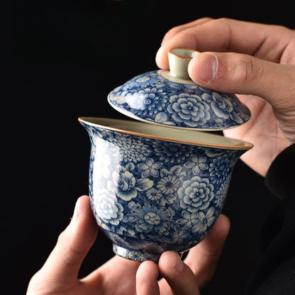 Antique Ru Kiln Blue & White Lidded Tea Bowl - Handcrafted Three-Piece Set (150ml, Two Sizes Available)