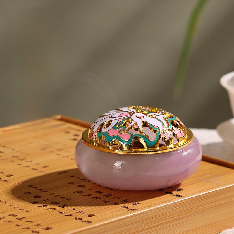 Glass & Jade-style Coil Incense Burner - Agarwood Incense Holder with Pierced Lid
