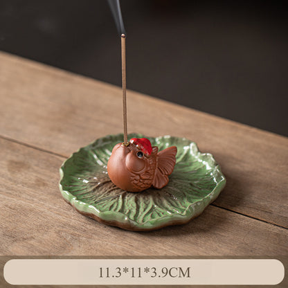 Ceramic Frog Incense Holder with Lotus Leaf Base - Cute Home Decor for Sticks Incense, Tea Table & Meditation (Handcrafted)