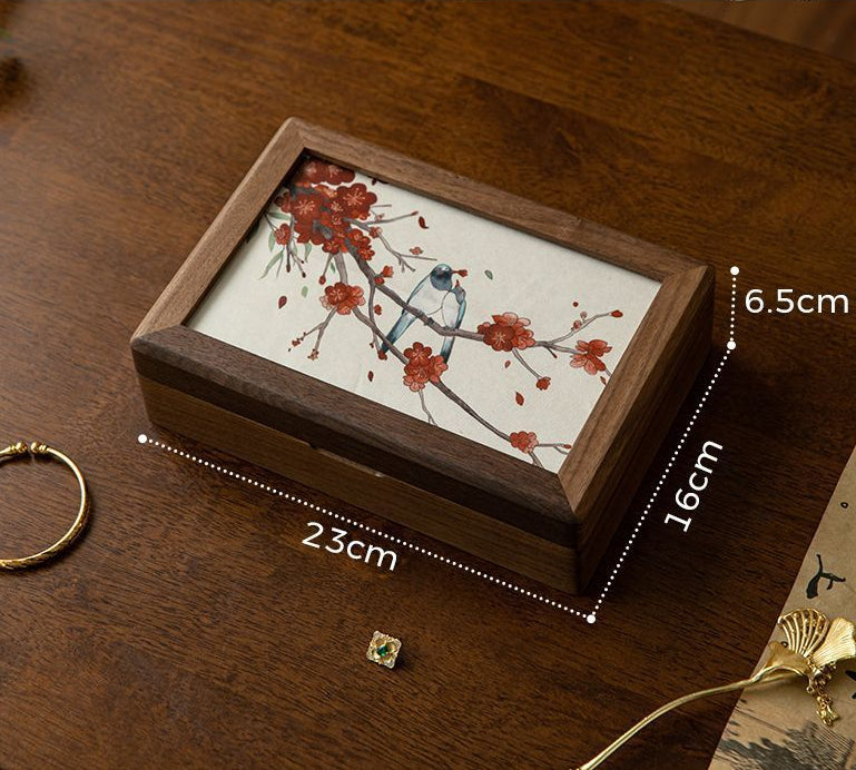 Walnut Wood Jewelry Box with Embroidered Lid - Chinese Style Gift with Velvet Lining (23x16x6.5cm, 0.78kg, 6 Embroidery Designs)