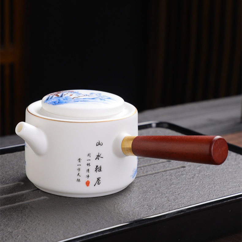 Hand-Painted Blanc de Chine Tea Set – Jade-Like Glazed Porcelain with Landscape Pattern, Side-Handle Teapot, Cups & Gift Box