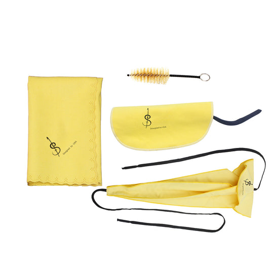 Woodwind Instrument Cleaning Kit with Cotton Swabs & Natural Bristle Brush (Yellow) - Includes Flat/Textured Cloths, Polishing Rag