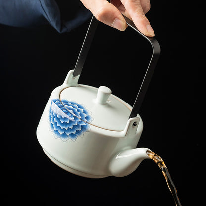 Ru Kiln Arch-Handle Teapot - Large 400ml Crackle Glaze Ceramic with Floral Design (14.5x11x17cm)