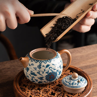 Blue & White Ru Kiln Xishi Teapot - Handcrafted Crackle Glaze Ceramic with Cobalt Patterns (220ml, 12.5x8.5cm)