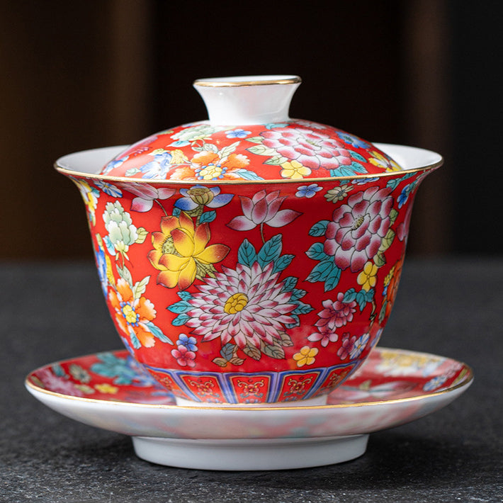 Imperial Style Cloisonné Gaiwan - Handcrafted Enamel Three-Element Tea Bowl with Gold Trim (190ml Capacity)