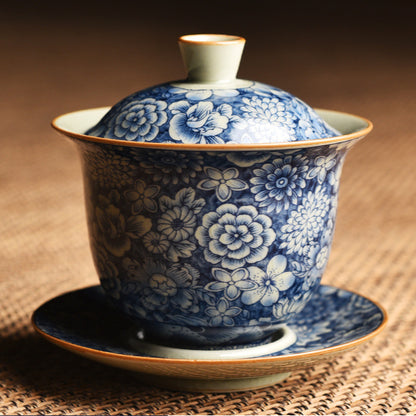 Antique Ru Kiln Blue & White Lidded Tea Bowl - Handcrafted Three-Piece Set (150ml, Two Sizes Available)