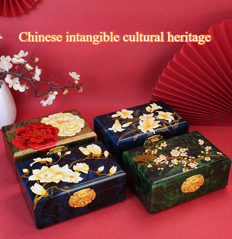 Artisan Lacquer Jewelry Box - Handcrafted Chinese Heritage Piece in Solid Wood, Vintage Floral Storage Case
