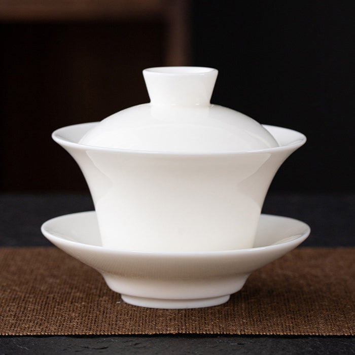 Dehua Blanc de Chine Three-Element Gaiwan - Mutton Fat Jade Porcelain Gongfu Tea Bowl with Lid & Saucer