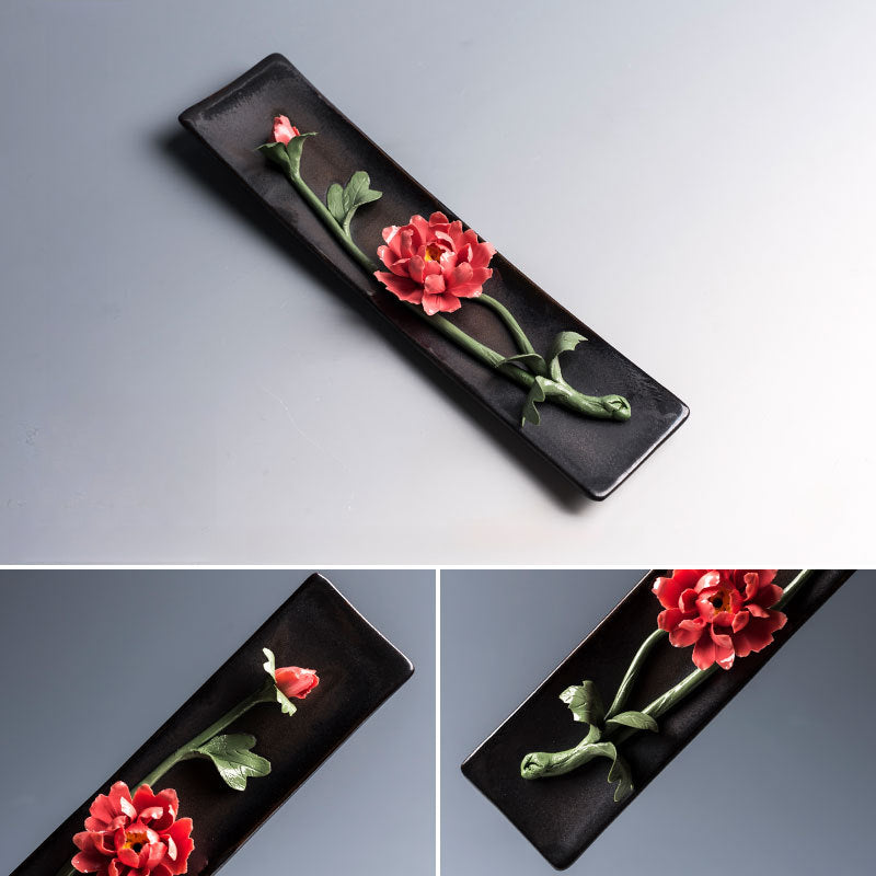 Handmade Floral Ceramic Incense Holder – Home Zen Aromatherapy Burner for Sticks (Includes Free Sandalwood)