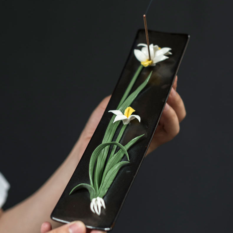Handmade Floral Ceramic Incense Holder – Home Zen Aromatherapy Burner for Sticks (Includes Free Sandalwood)