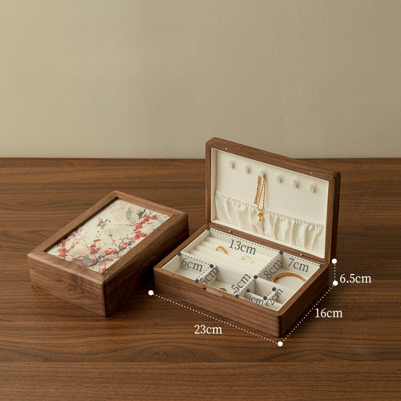 Walnut Wood Jewelry Box with Embroidered Lid - Chinese Style Gift with Velvet Lining (23x16x6.5cm, 0.78kg, 6 Embroidery Designs)