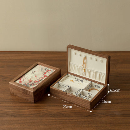 Walnut Wood Jewelry Box with Embroidered Lid - Chinese Style Gift with Velvet Lining (23x16x6.5cm, 0.78kg, 6 Embroidery Designs)