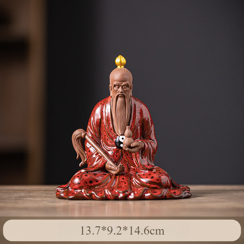 Chinese Ceramic Laozi Statue – Taoist Deity Figurine with Gourd & Horsetail Whisk, Handcrafted Home Altar Decor (13.7x9.2x14.6cm)