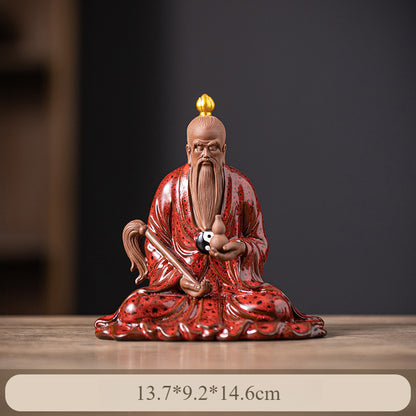 Chinese Ceramic Laozi Statue – Taoist Deity Figurine with Gourd & Horsetail Whisk, Handcrafted Home Altar Decor (13.7x9.2x14.6cm)