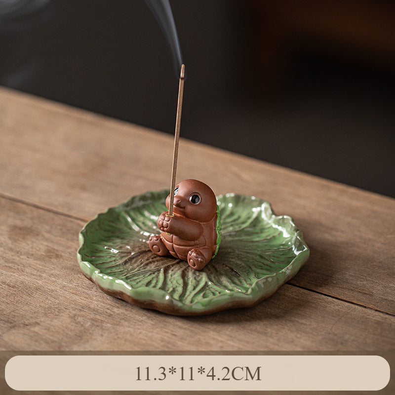 Ceramic Frog Incense Holder with Lotus Leaf Base - Cute Home Decor for Sticks Incense, Tea Table & Meditation (Handcrafted)
