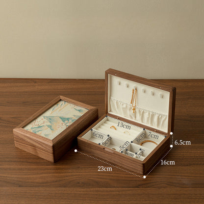 Walnut Wood Jewelry Box with Embroidered Lid - Chinese Style Gift with Velvet Lining (23x16x6.5cm, 0.78kg, 6 Embroidery Designs)