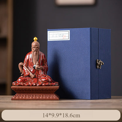 Chinese Ceramic Laozi Statue – Taoist Deity Figurine with Gourd & Horsetail Whisk, Handcrafted Home Altar Decor (13.7x9.2x14.6cm)