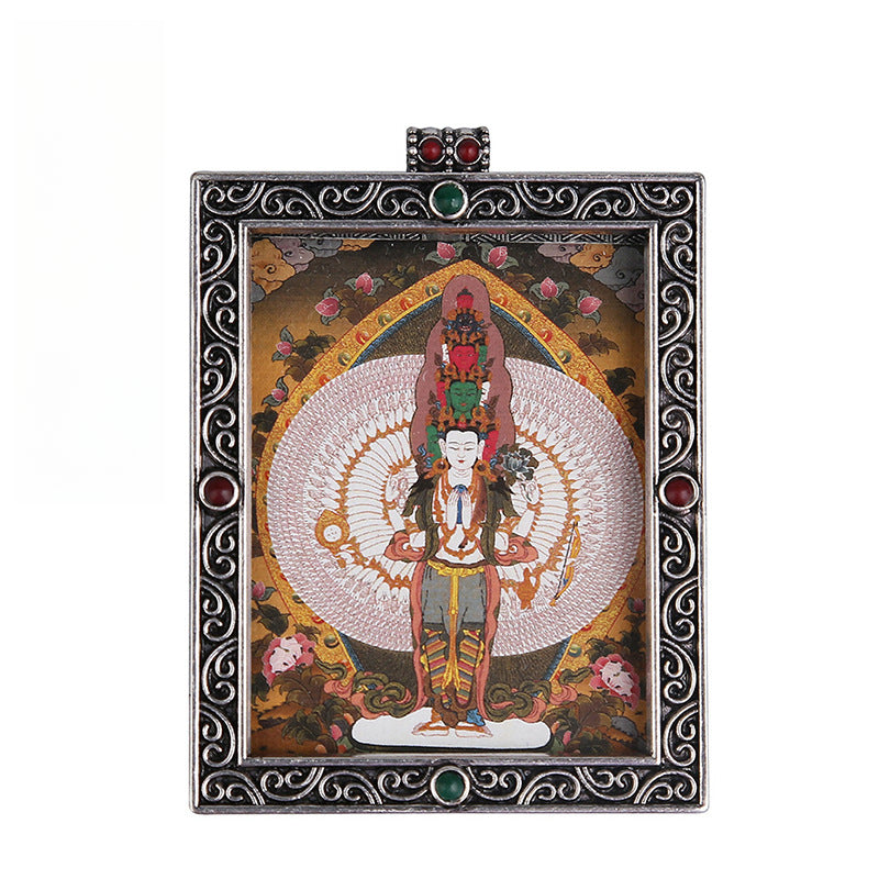 Metal Mini Thangka Box Pendant – Nepalese Wealth God, Green Tara & Four-Armed Avalokiteshvara Silver Pendant