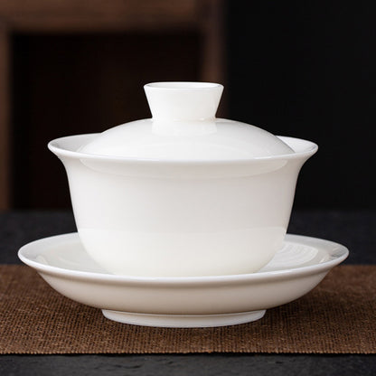 Dehua Blanc de Chine Three-Element Gaiwan - Mutton Fat Jade Porcelain Gongfu Tea Bowl with Lid & Saucer