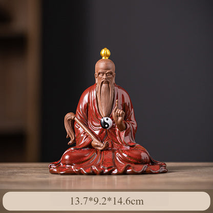 Chinese Ceramic Laozi Statue – Taoist Deity Figurine with Gourd & Horsetail Whisk, Handcrafted Home Altar Decor (13.7x9.2x14.6cm)