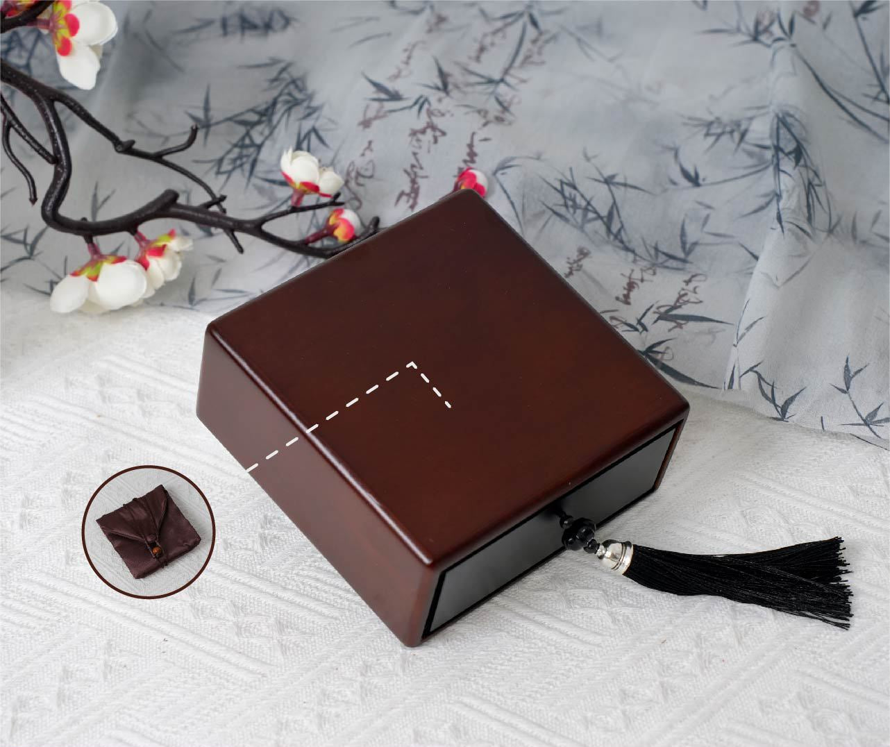 Oak Wood Jewelry Box for Bracelets - Laser Engraved "Fu" Character with Soft Inner Pouch (11.4x11.4x4.9cm, Velvet Lined)