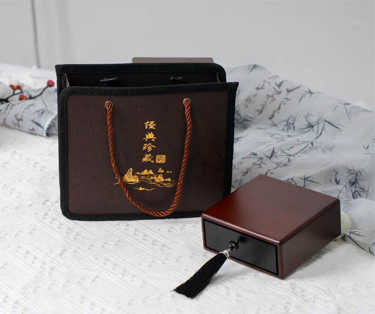 Oak Wood Jewelry Box for Bracelets - Laser Engraved "Fu" Character with Soft Inner Pouch (11.4x11.4x4.9cm, Velvet Lined)